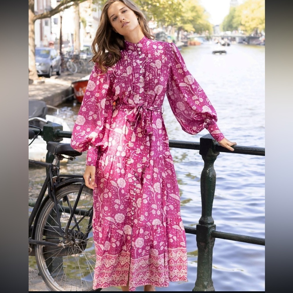 Oliphant Magenta Mulberry High Neck Button Maxi Dress Size Large